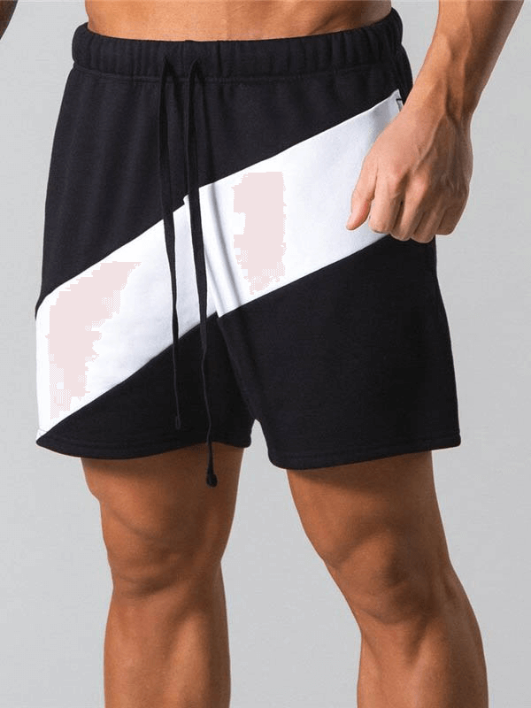 Black and white patchwork elastic waist running shorts for men, perfect for gym workouts with a comfortable cotton blend.